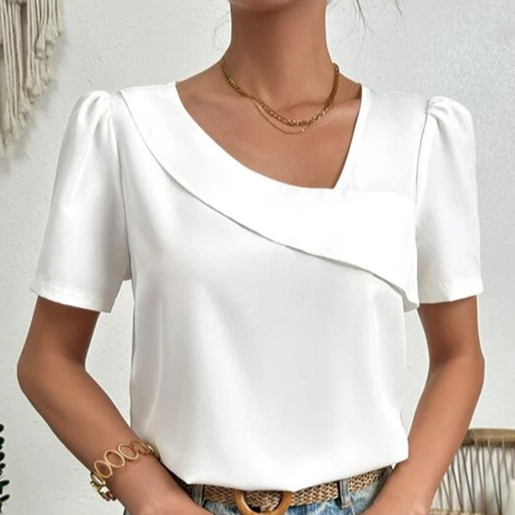 Damen Bluse Puffärmel Asymmetrischer Ausschnitt Elegantes Bürooberteil - Eveloria