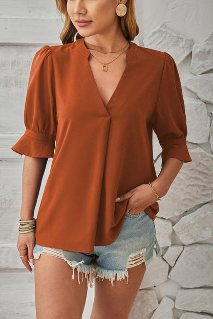Damen Bluse V-Ausschnitt Puffärmel Elegante Weiß