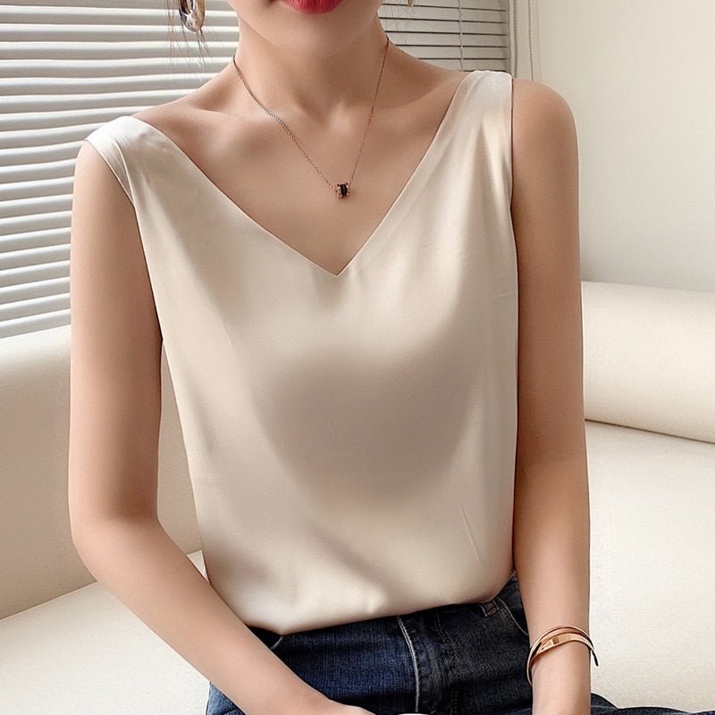 Damen Satin V-Ausschnitt Elegantes Oberteil