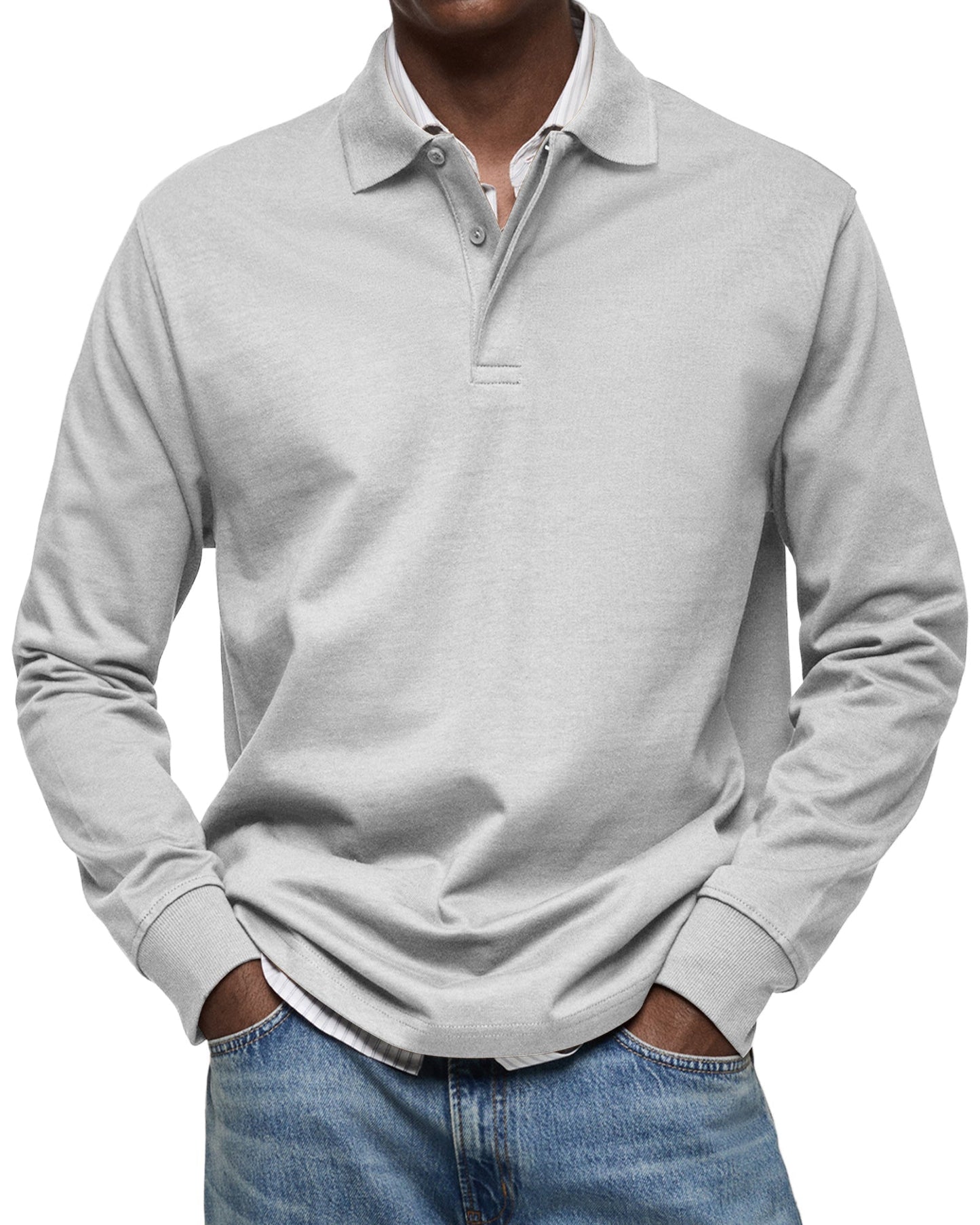 Herren Langarm Poloshirt Knopfleiste Klassisch Beige