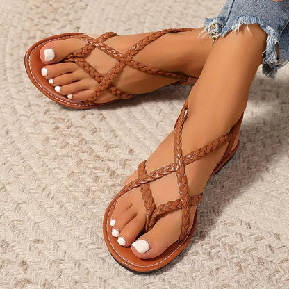 Damen Geflochtene Flache Sandalen Beige