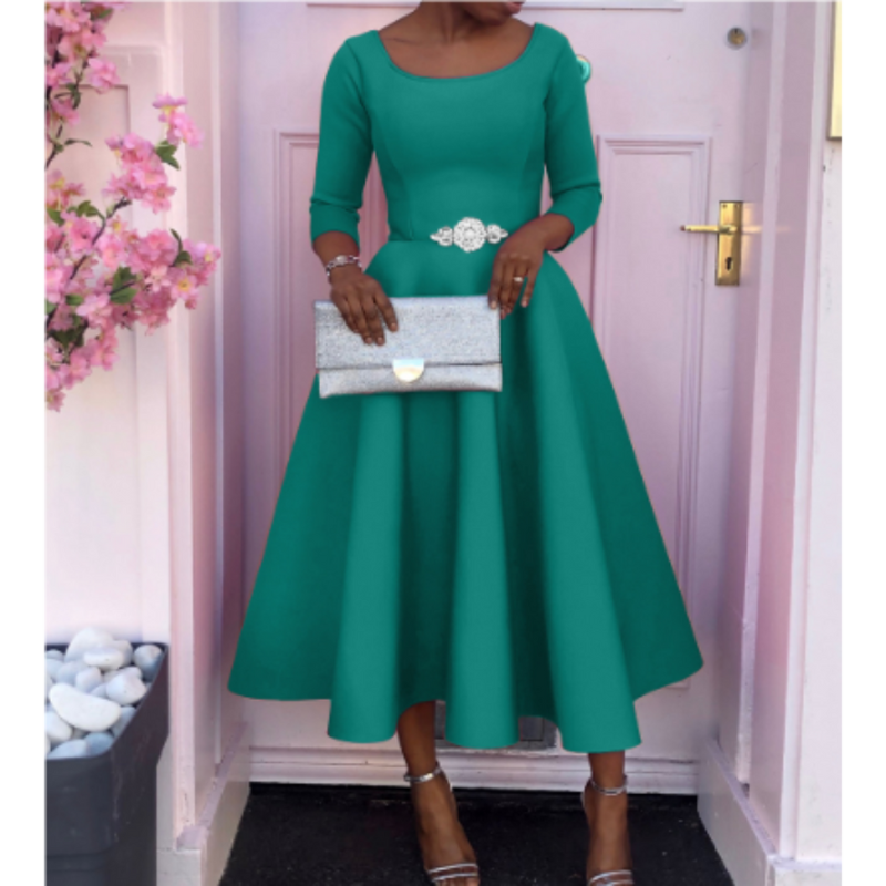 Damen Midi-Kleid Rundhalsausschnitt Schlicht Elegannt