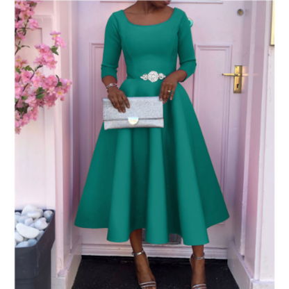 Damen Midi-Kleid Rundhalsausschnitt Schlicht Elegannt