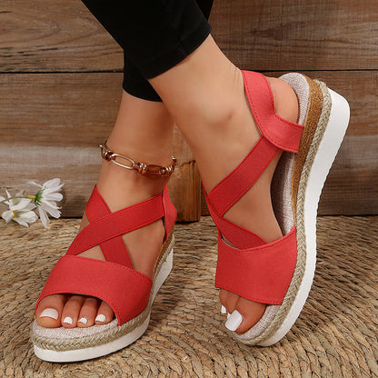Eveloria Damen Keilsandalen Plateau Gladiator Leder