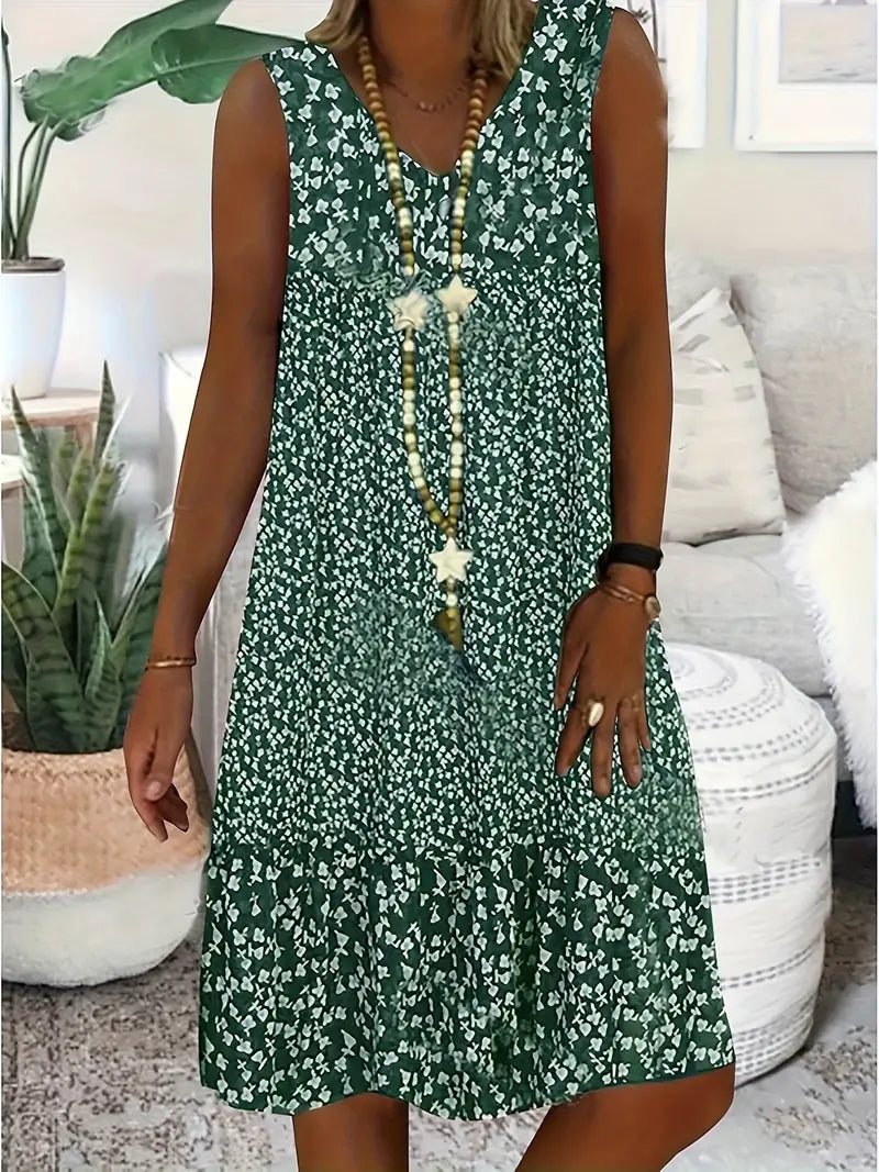 Damen Ärmelloses Sommerkleid V-Ausschnitt Weißes Blumenmuster Leicht