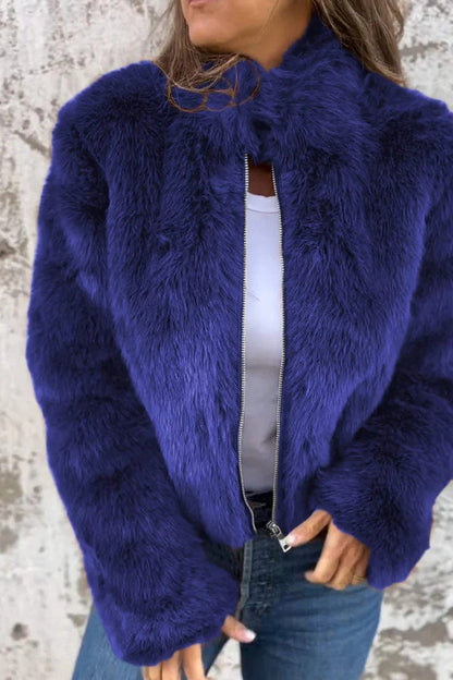 Damen Kunstpelz-Jacke Rollkragen Reißverschluss