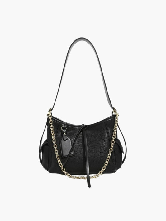 Leder Schultertasche Damen mit Kettenakzent Schwarz - Norvielle