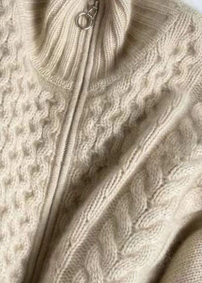 Damen Strickjacke Hochkragen Reißverschluss Warm Beige
