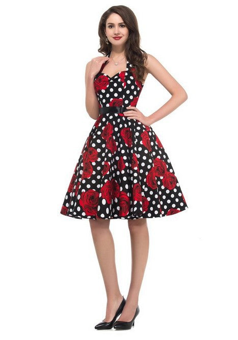 Damen Retro Swingkleid Floralmuster Polka-Dots