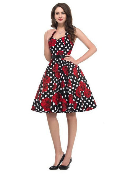 Damen Retro Swingkleid Floralmuster Polka-Dots