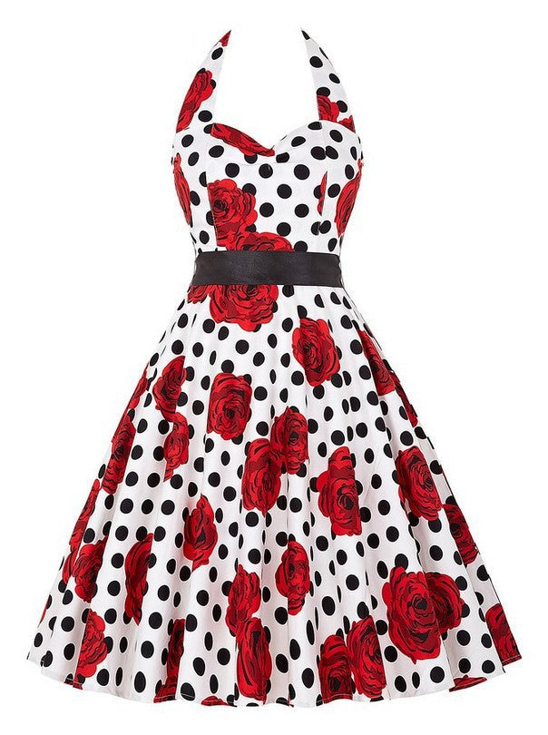 Damen Retro Swingkleid Floralmuster Polka-Dots