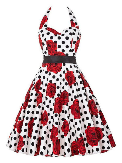Damen Retro Swingkleid Floralmuster Polka-Dots