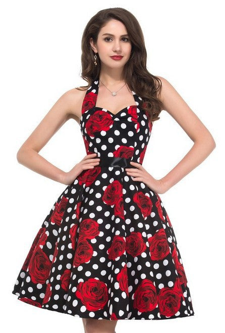 Damen Retro Swingkleid Floralmuster Polka-Dots - Eveloria