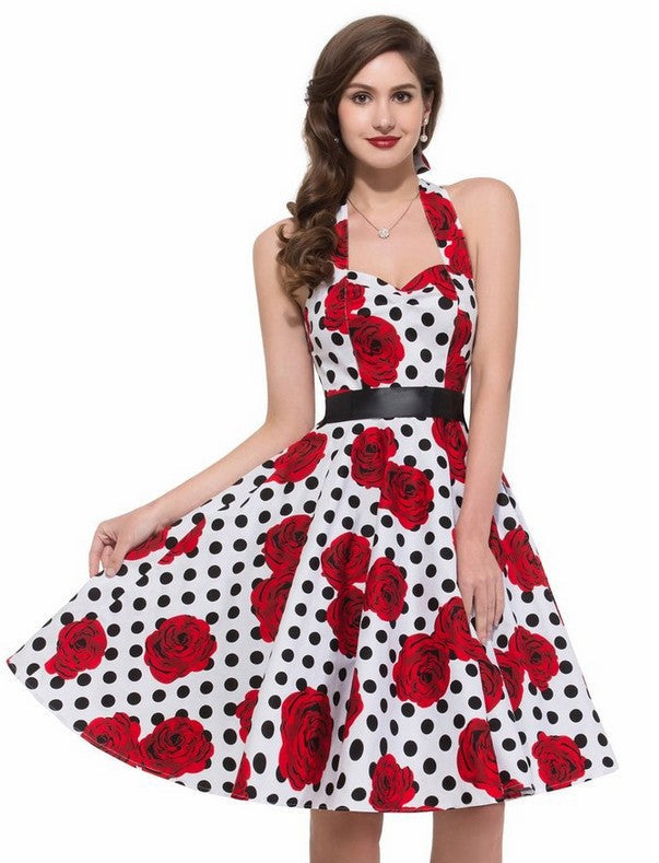 Damen Retro Swingkleid Floralmuster Polka-Dots
