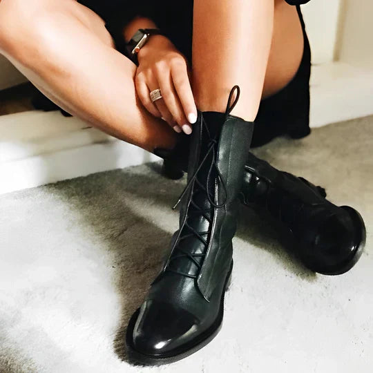 Damen Lederstiefeletten Schnürverschluss Kappenzehen Niedriger - Eveloria