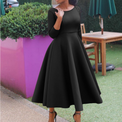 Damen Midi-Kleid Rundhalsausschnitt Schlicht Elegannt