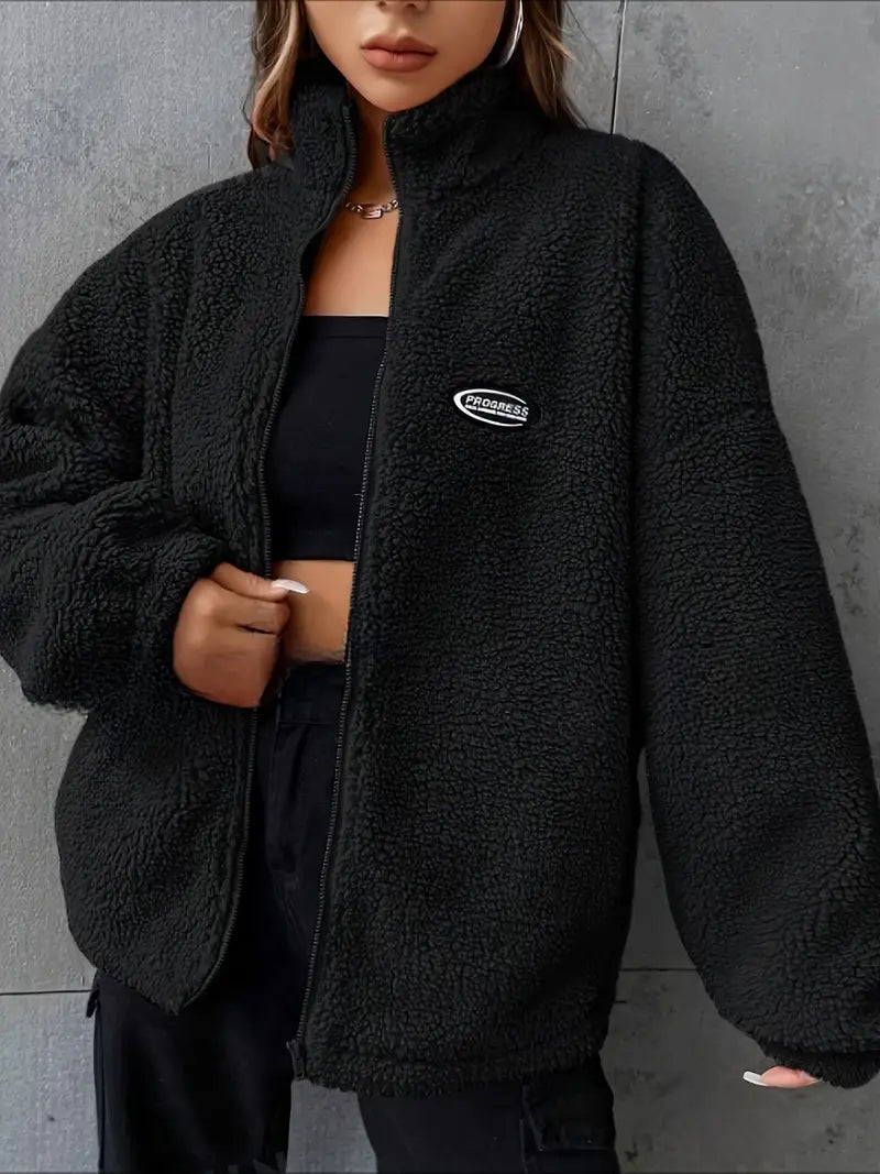Damen Teddyjacke Lockere Passform Reißverschluss Tropfenschulter