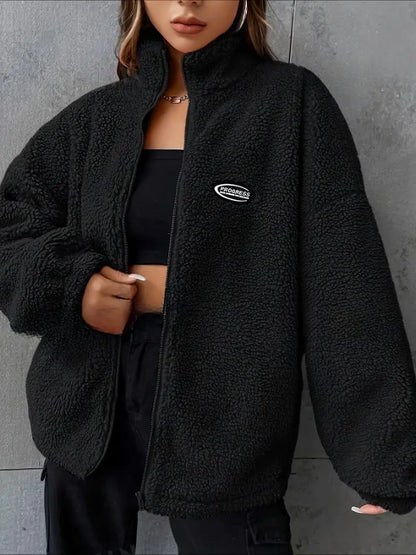 Damen Teddyjacke Lockere Passform Reißverschluss Tropfenschulter