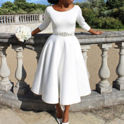 Damen Midi-Kleid Rundhalsausschnitt Schlicht Elegannt