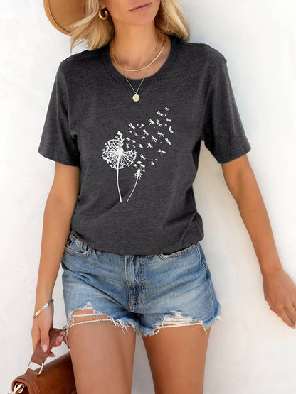 Eveloria Damen T-Shirt Löwenzahn-Print Rundhals Weiss