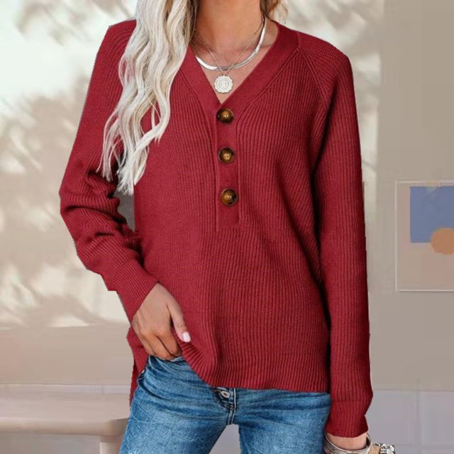Damen Strickpullover V-Ausschnitt Teil-Knopfleiste - Eveloria