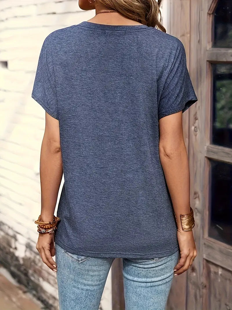 Damen Casual Shirt Rundhals Kurzärmel Halbknopfleiste