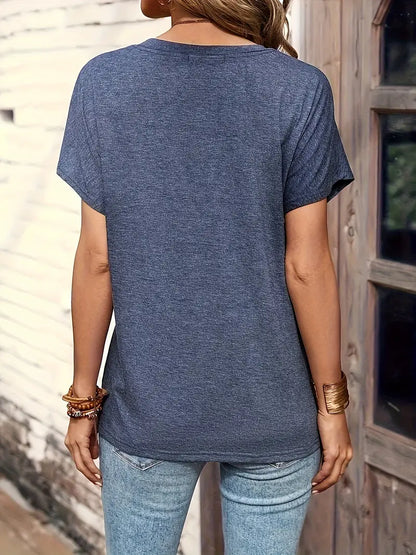 Damen Casual Shirt Rundhals Kurzärmel Halbknopfleiste