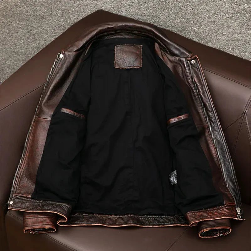Herren Lederjacke Braun Langlebig Knopfverschluss