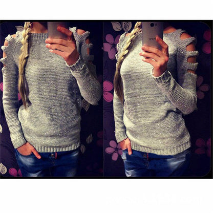 Damen Strickpullover Offene Schulter Glitzernd Eveloria