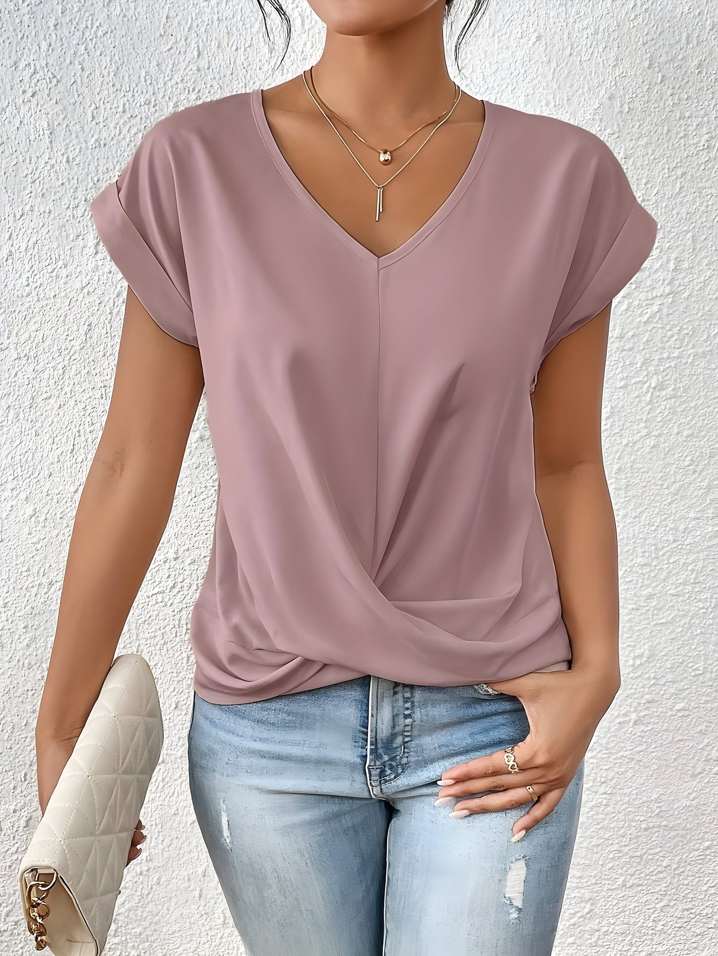 Damen T-Shirt V-Ausschnitt Einfarbig Kurzarm - Eveloria