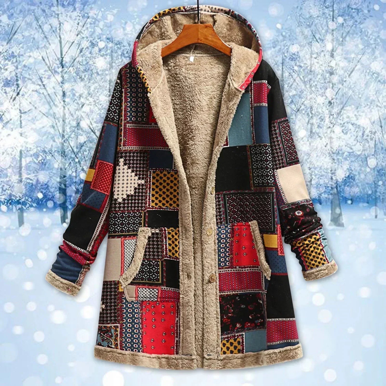Damen Patchwork Jacke mit Kapuze Fleece Schwarz - Eveloria