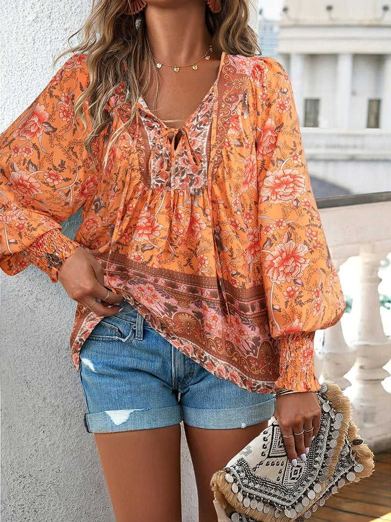 Damen Boho Bluse Blumenmuster Langärmlig Bindekragen