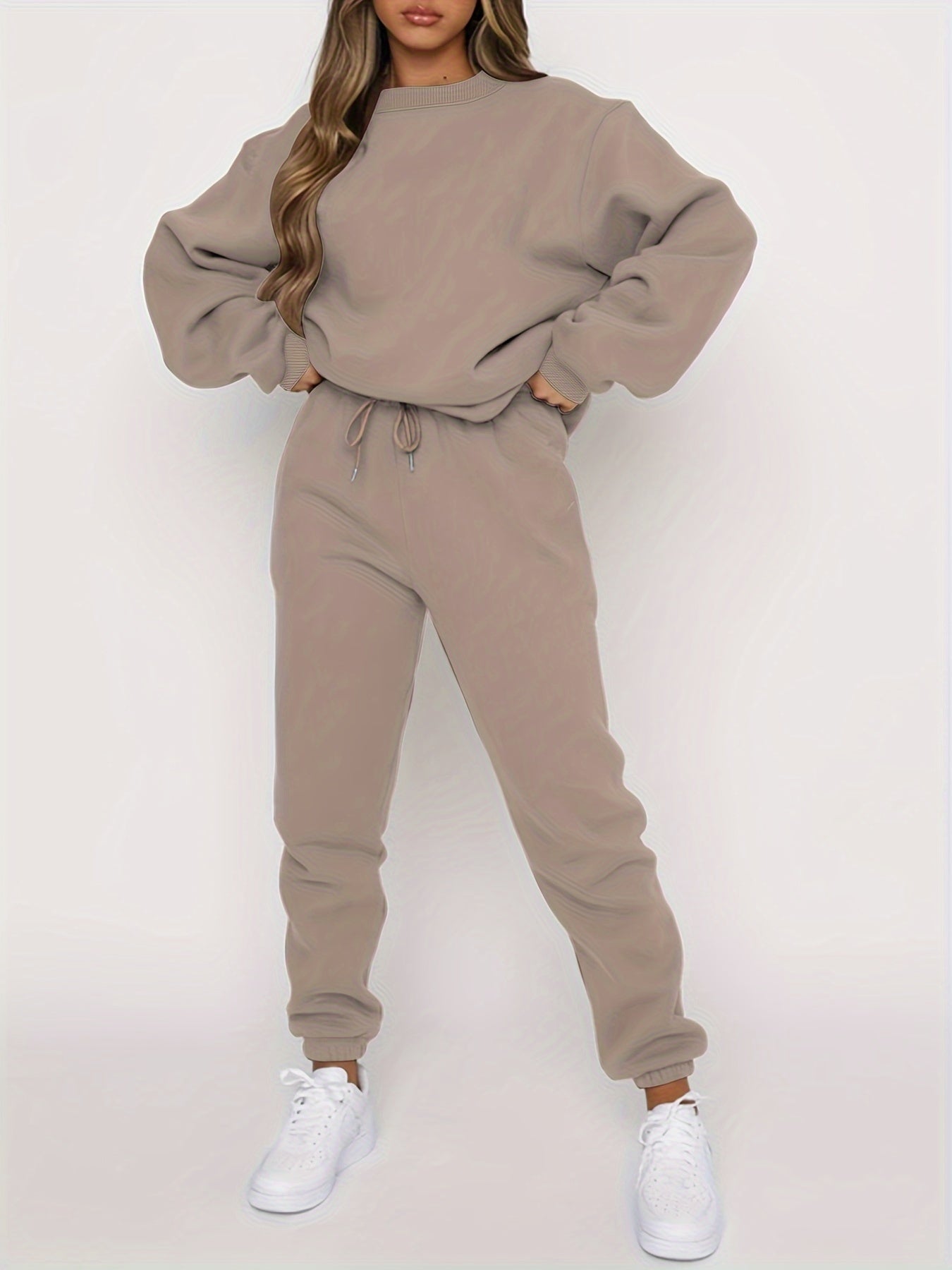 Damen Jogging Set Oversized Sweatshirt und Hochtaillierte Jogger