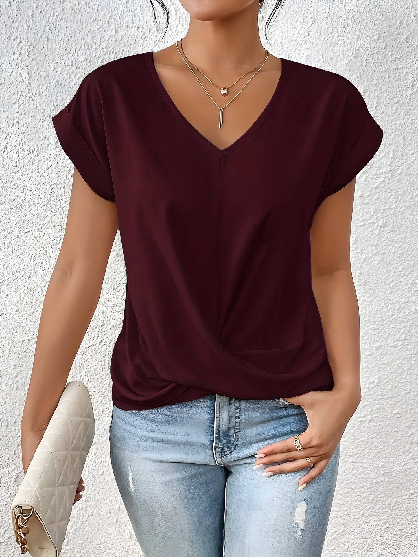 Damen T-Shirt V-Ausschnitt Einfarbig Kurzarm