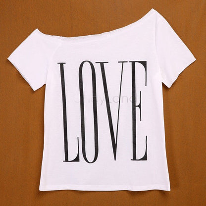 Damen Off-Shoulder T-Shirt mit Schriftzug Groß Eveloria
