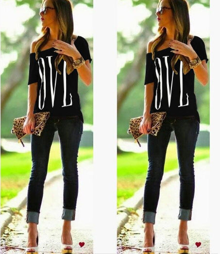 Damen Off-Shoulder T-Shirt mit Schriftzug Groß Eveloria