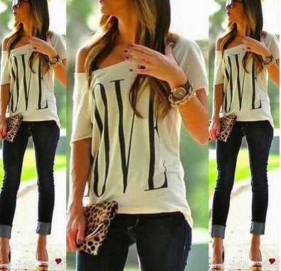 Damen Off-Shoulder T-Shirt mit Schriftzug Groß Eveloria - Eveloria