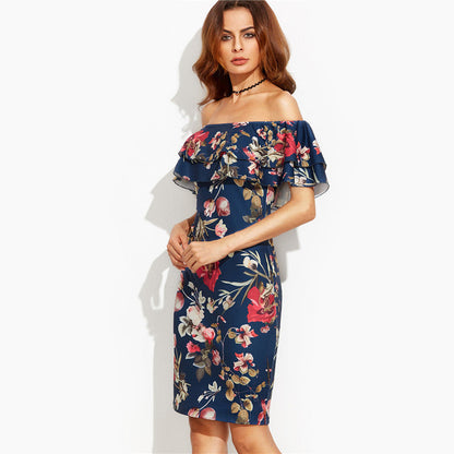 Damen Blumenkleid Off-Shoulder Voluminöse Rüschen