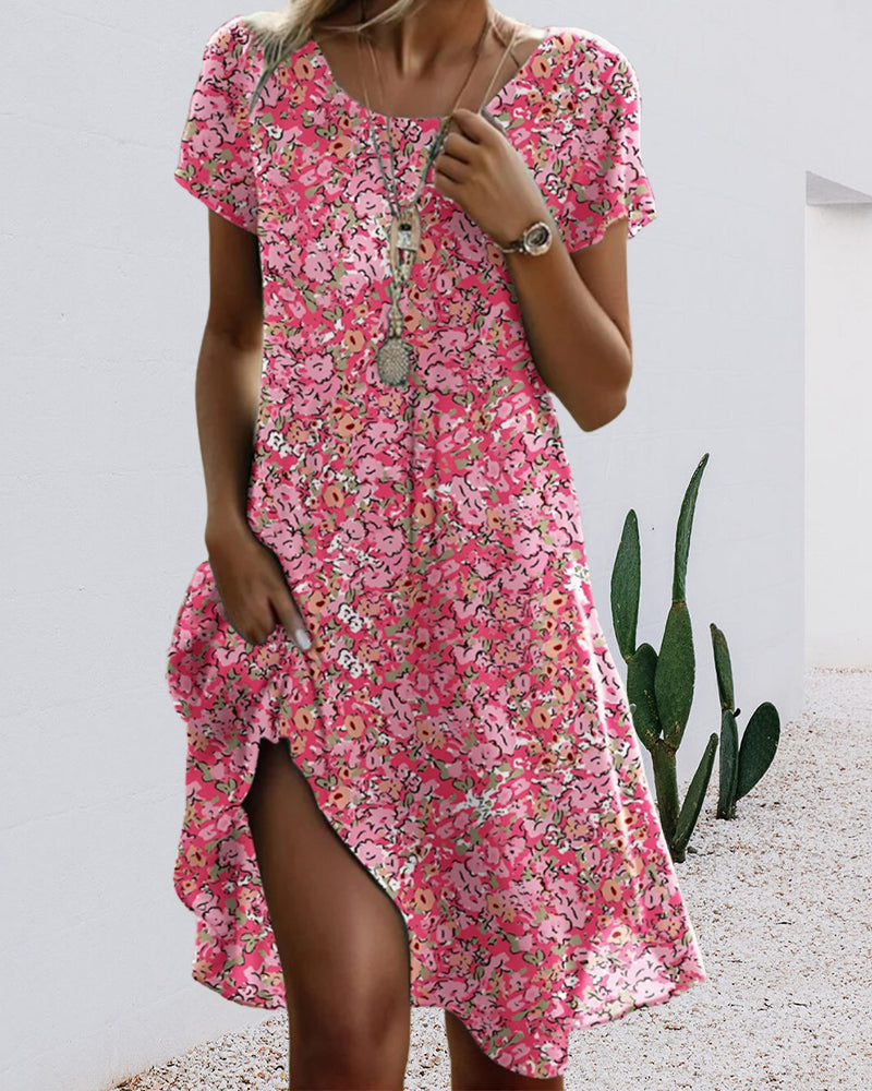 Eveloria Damenkleid Rundhals Kurzarm Blumenmuster - Eveloria