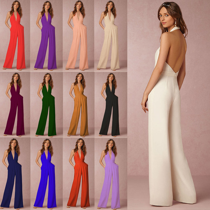 Damen Jumpsuit V-Ausschnitt Weitbeinig Eveloria - Eveloria