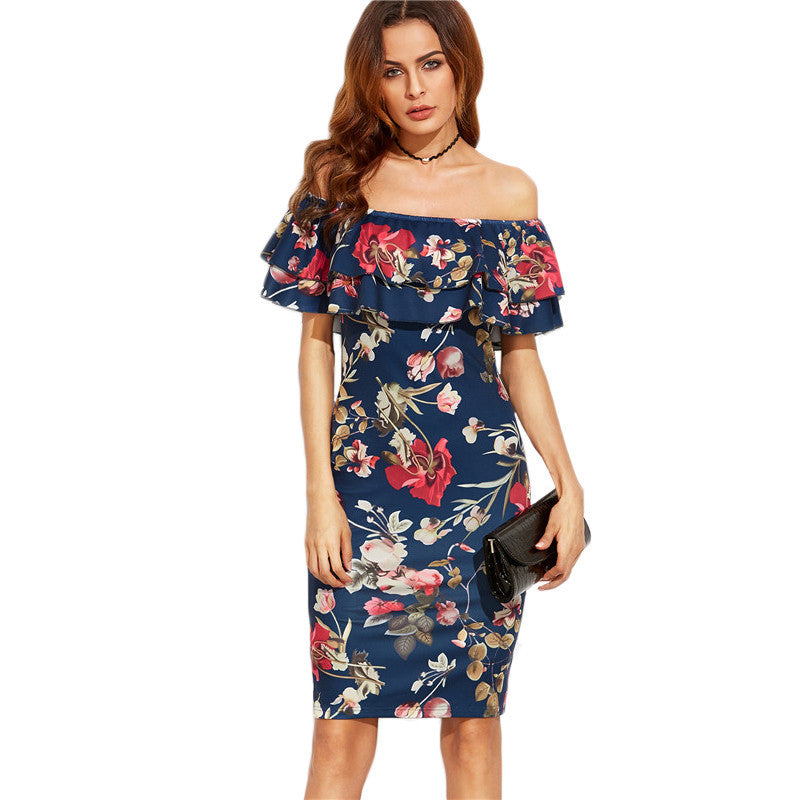Damen Blumenkleid Off-Shoulder Voluminöse Rüschen