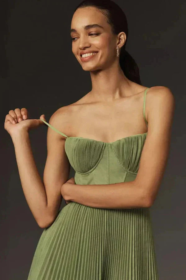 Damen Maxi Kleid Falten Träger