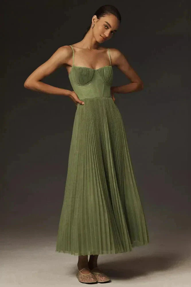 Damen Maxi Kleid Falten Träger - Eveloria