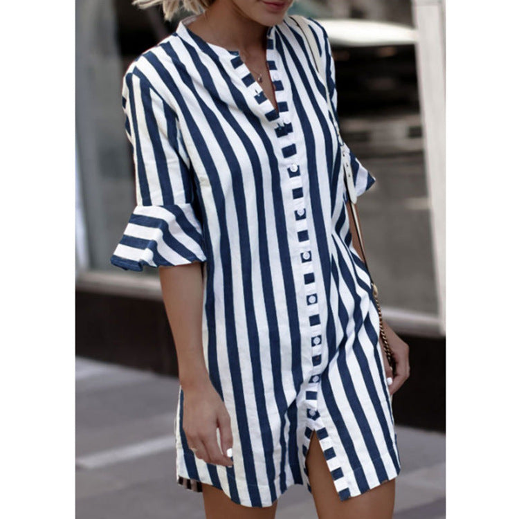 Damen Shirtkleid Gestreift Rüschendetails Knopfverschluss Schwarz - Eveloria