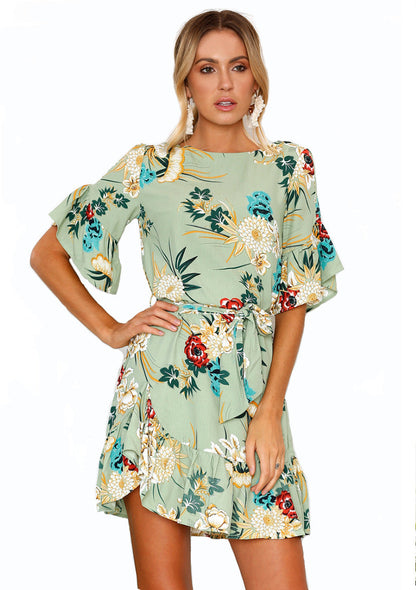 Damen Wickelkleid mit Volantärmeln und Taillengürtel Floral Eveloria - Eveloria