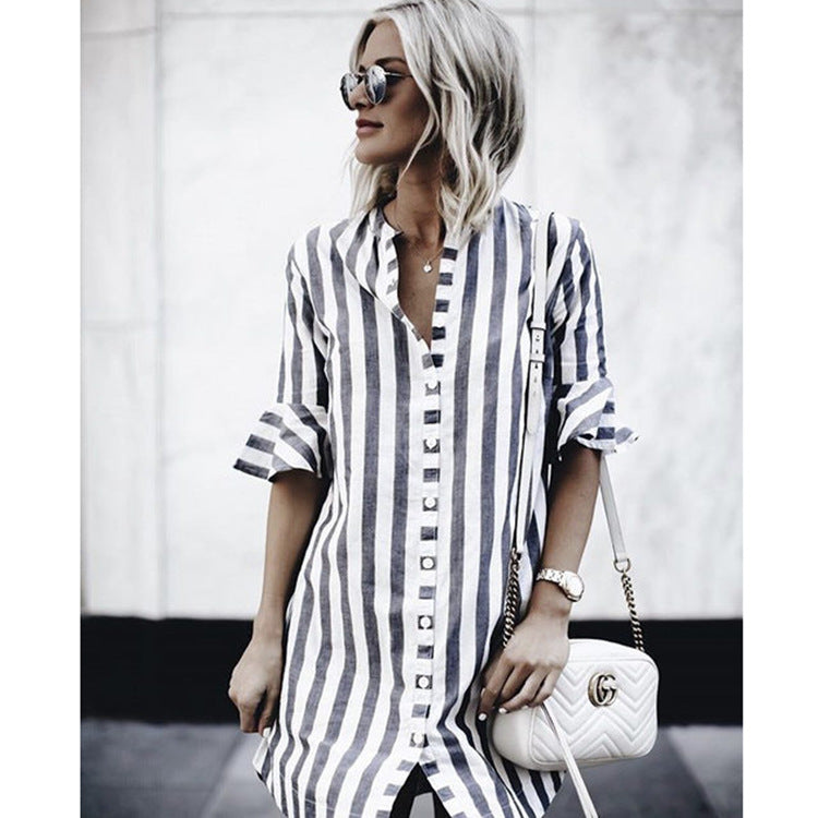 Damen Shirtkleid Gestreift Rüschendetails Knopfverschluss