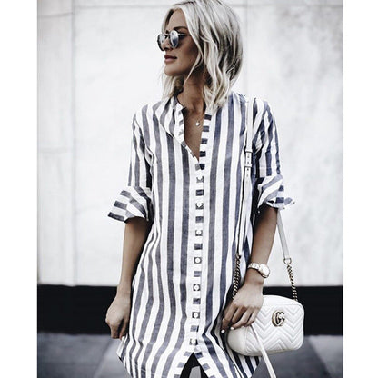 Damen Shirtkleid Gestreift Rüschendetails Knopfverschluss