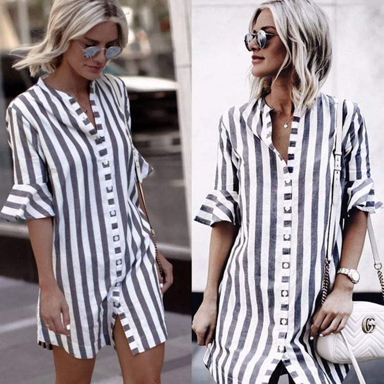 Damen Shirtkleid Gestreift Rüschendetails Knopfverschluss
