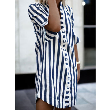 Damen Shirtkleid Gestreift Rüschendetails Knopfverschluss