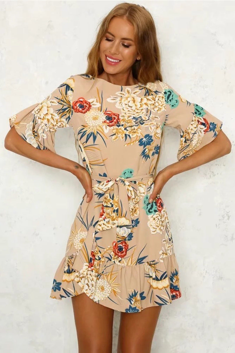 Damen Wickelkleid mit Volantärmeln und Taillengürtel Floral Eveloria